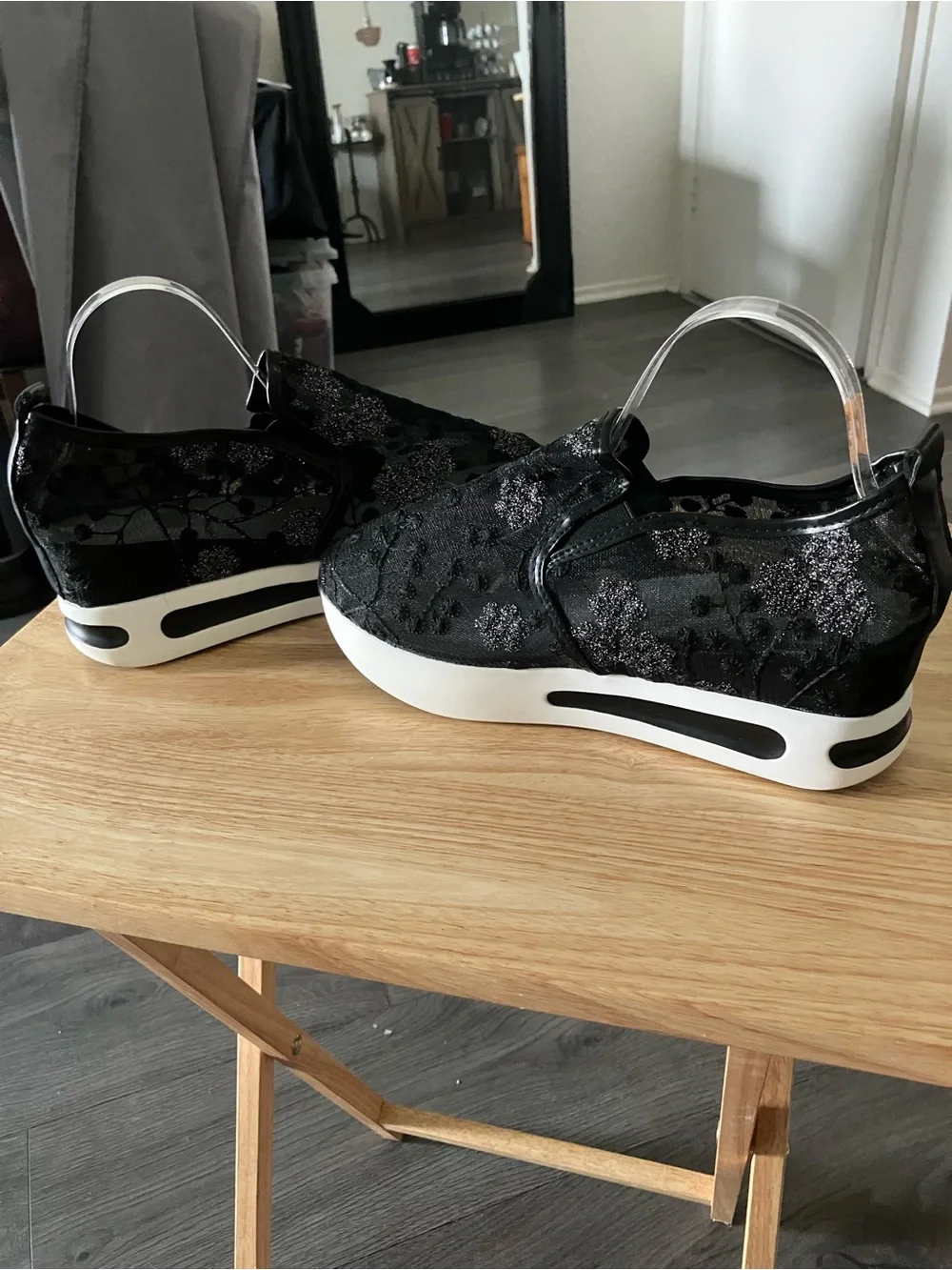 Black Lace Platform Slip-On Wedge Sneakers
